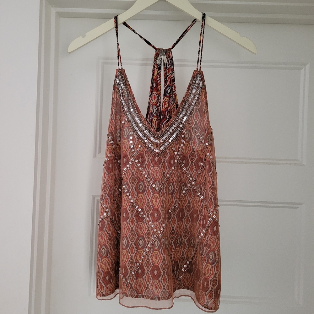 BKE beaded sequin racerback tank with keyhole back